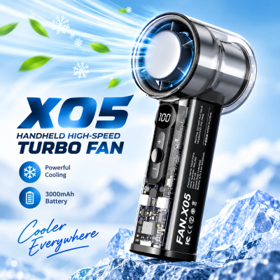 X05 Handheld High-Speed Turbo Cooling Fan – 3000mAh Battery, Ice Cooling Technology, 1-100 Stepless Speed Control, Digital LED Display & Transparent Design